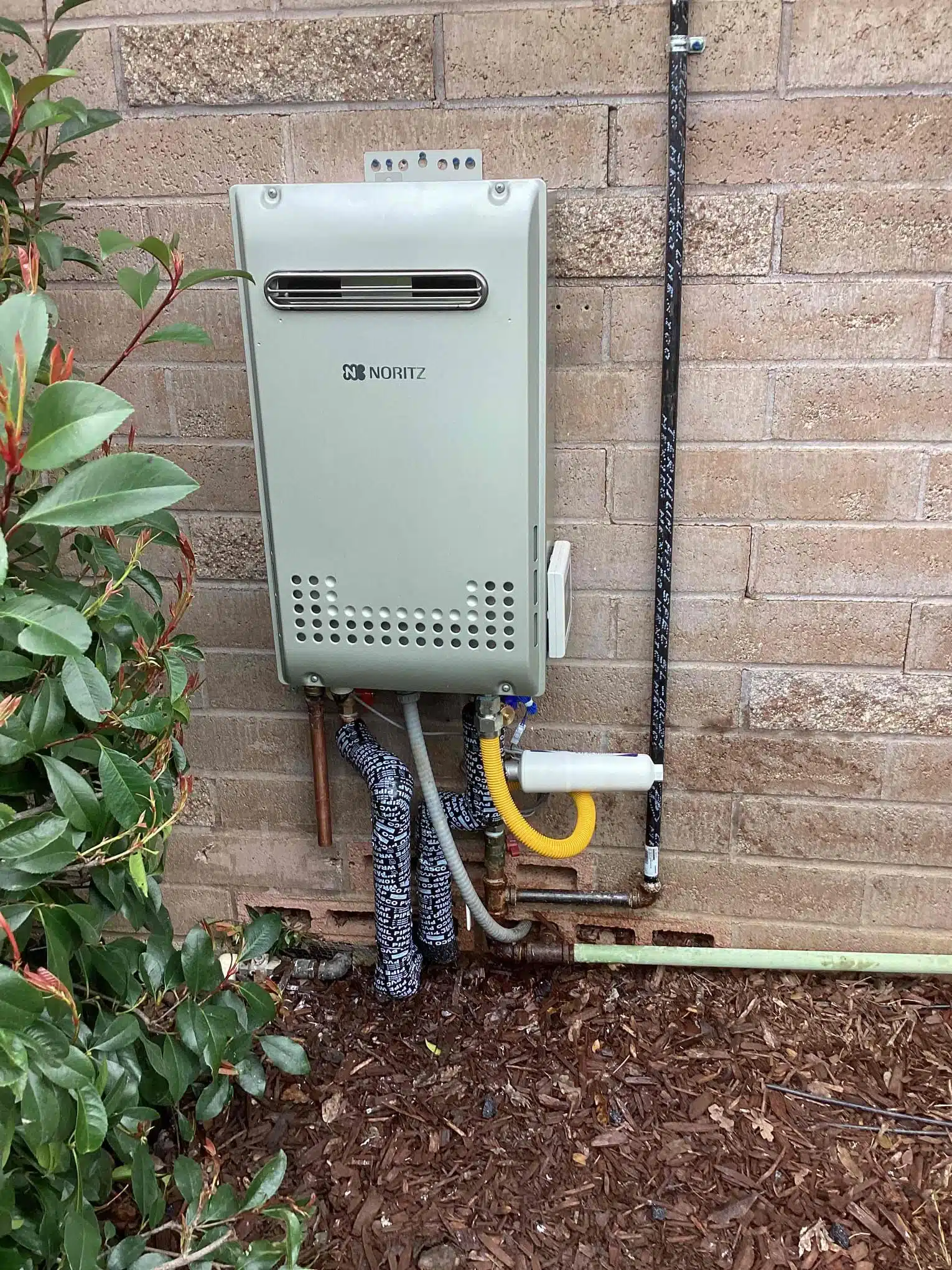 Outdoor Noritz tankless water heater installed by Earl's Plumbing in Chico CA