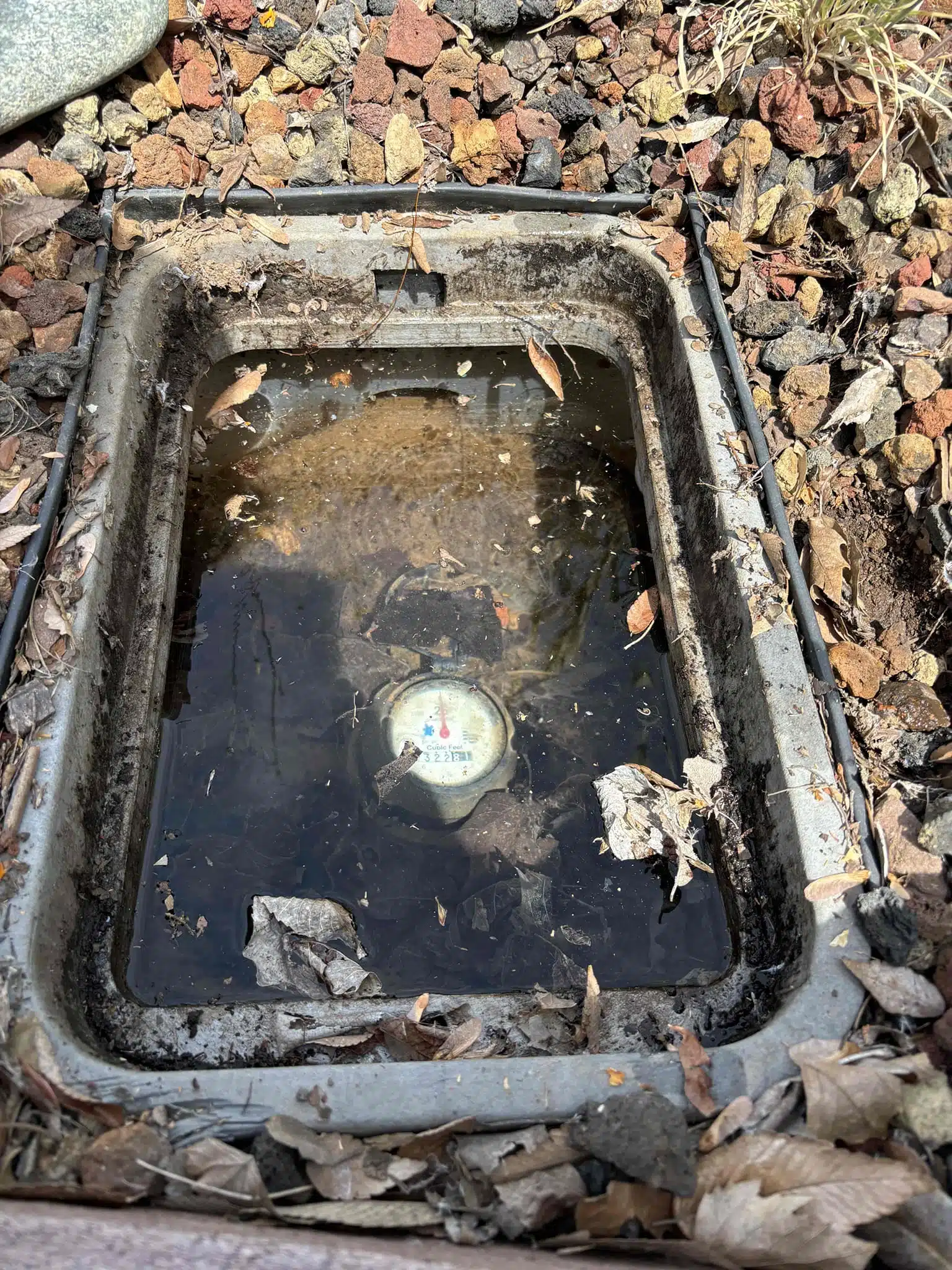 Broken Water Line Before Repair in Chico, CA Flooded meter box before broken water line repair in Chico, CA