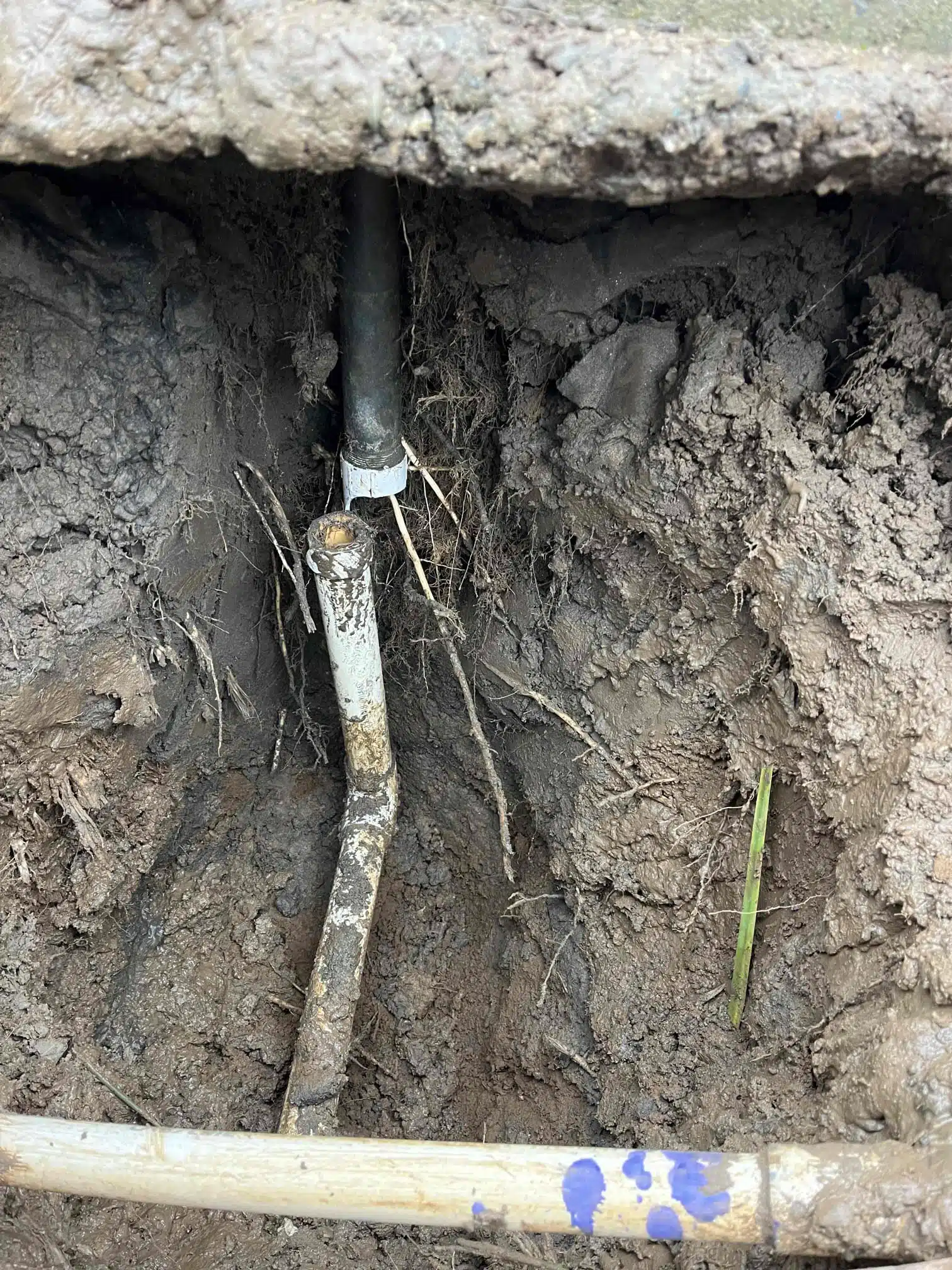 Broken Underground Water Line Exposed Broken underground water line exposed after excavation
